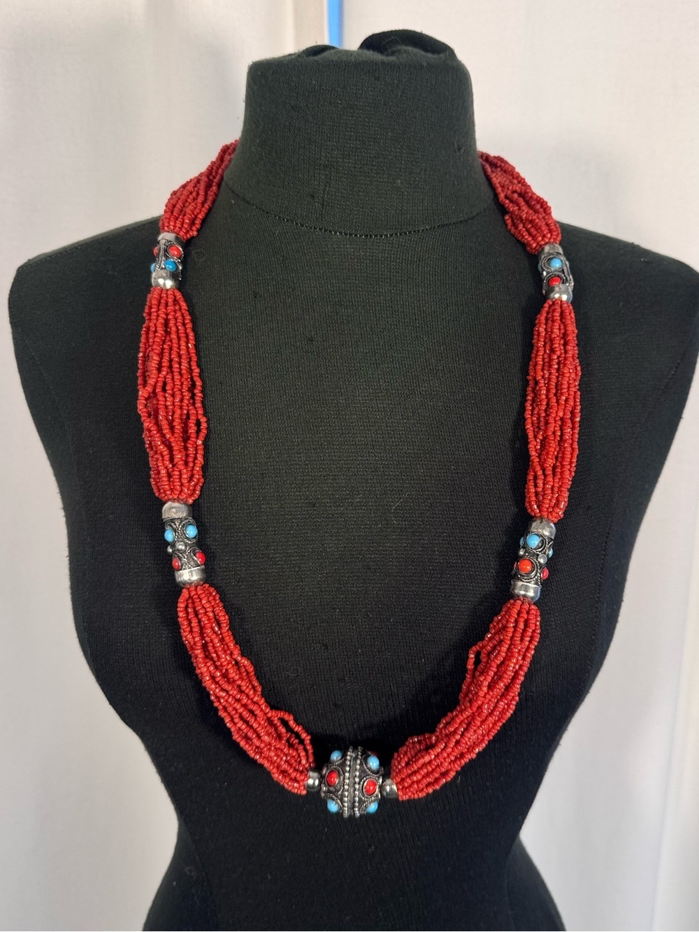 Vintage Artisan Multi Strand Red Coral Bead Necklace